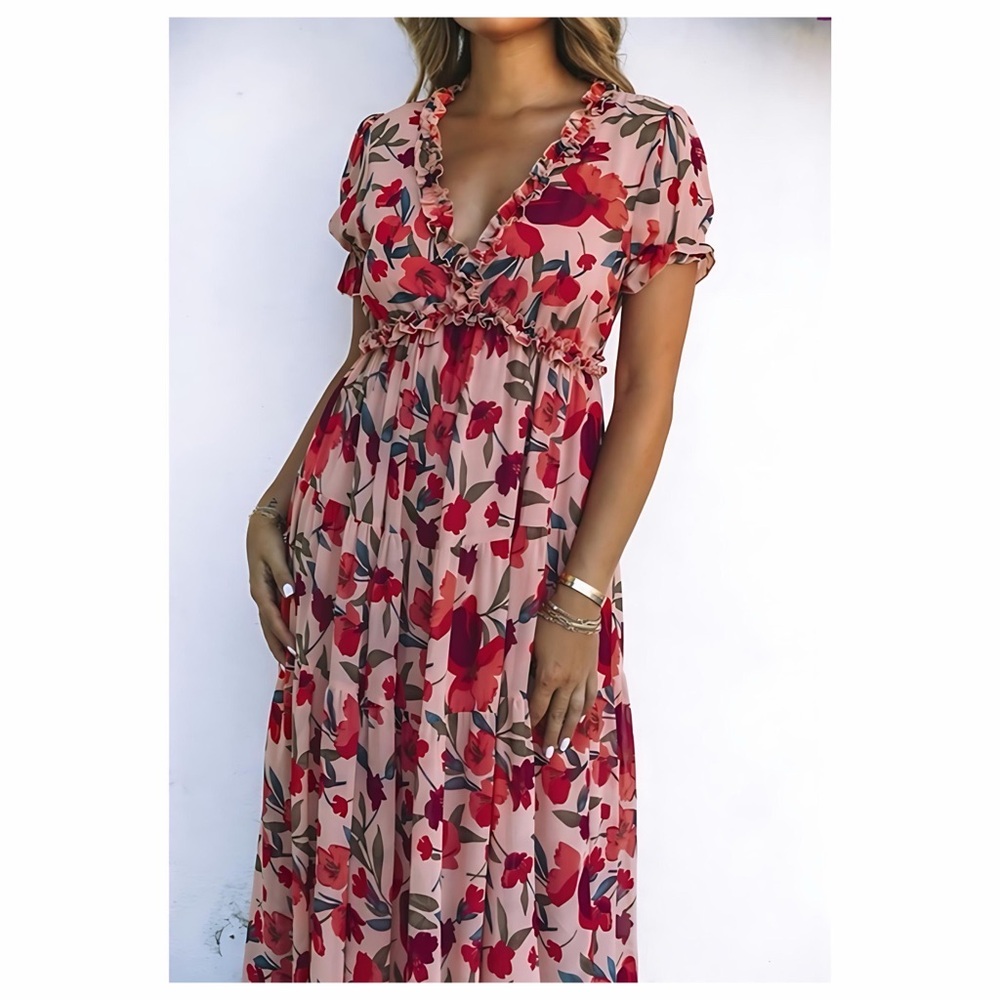 Lg Floral Ruffle V-Neck Maxi Dress in Blush Red - Picture 2 of 3